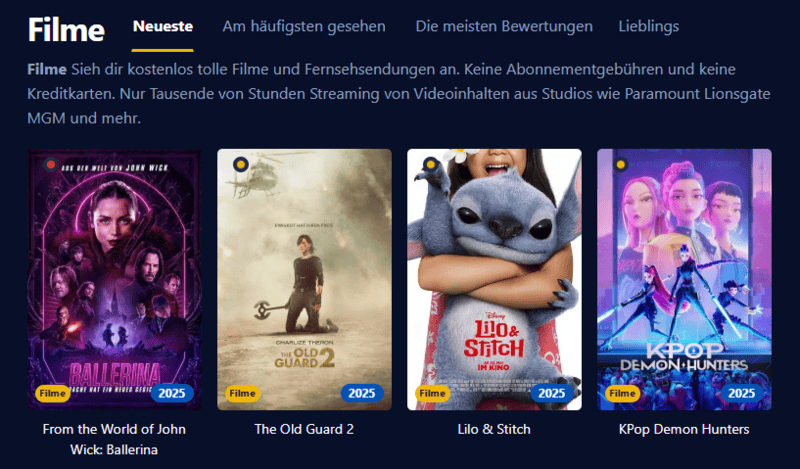 Ansicht der Oberfläche von Einschalten die eine zeitgemäße Streaming Seite mit Filmen und Serien abbildet